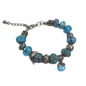 SILVER bracelet blue‎ rhinestone beach theme clasp charm